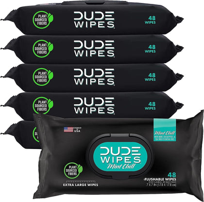 DUDE Wipes - Flushable Wipes - 6 Pack, 288 Wipes - Mint Chill Extra-Large Adult Wet Wipes - Eucalyptus & Tea Tree Oil - Septic and Sewer Safe
