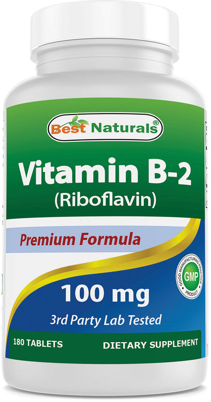 Best Naturals Vitamin B2 (Riboflavin) 100 mg 180 Tablets - Premium Formula - 3rd Party Lab Tested