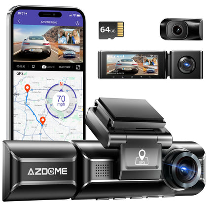 AZDOME M550 4K WiFi 3 Channel On Dash Cam, Dual Front and Rear for Car 4K+1080P Free 64GB Card, Built-in GPS 24H Parking Mode IR Night Vision WDR 3.19