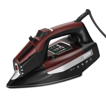 Sunbeam Professional Steam Iron, 1700 Watt, Large Nonstick Ceramic Soleplate, Horizontal or Vertical Shot of Steam, Self Cleaning, Large LED Screen and Bright LED Lights, 8' Swivel Cord, Black/Red