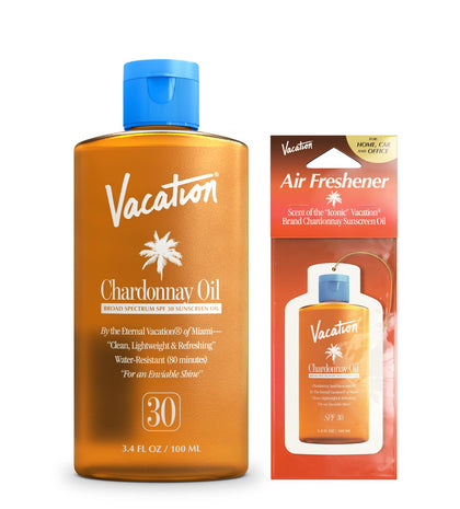 Vacation Chardonnay Oil SPF 30 + Air Freshener Bundle, Vegan Suntan Oil with Broad Spectrum SPF, Oxybenzone + Octinoxate Free Sunscreen Tanning Oil, TSA Friendly, Travel Size, 3.4 fl. Oz.