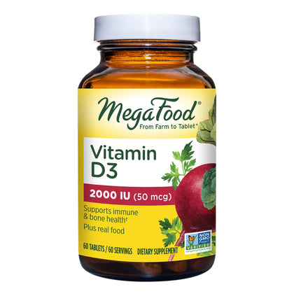 MegaFood Vitamin D3 2000 IU (50 mcg) - Immune Support Supplement - Bone Health -with easily-absorbed Vitamin D3 - Plus real food - Non-GMO, Vegetarian - Made Without 9 Food Allergens - 60 Tabs