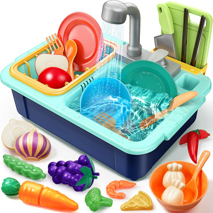 Play Sink with Running Water, Geyiie Kitchen Sink Toys for Girls Boys Kids Toddlers Pets with Automatic Water Cycle System, Dish Rack, Cutting Food, Tableware Accessories, Pretend Role Playset