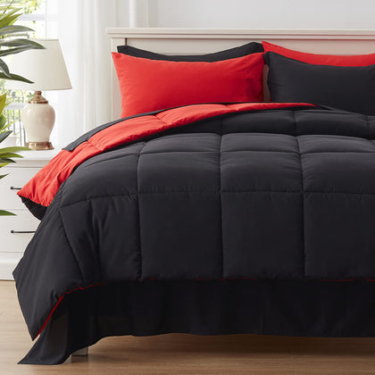Anluoer Queen Comforter Set 7 Piece, Black Bed in a Bag with Sheets, Comforters Queen Size Bedding Sets with 1 Comforter, 2 Pillow Shams, 2 Pillowcases, 1 Flat Sheet,1 Fitted Sheet