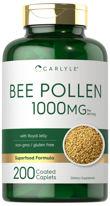 Carlyle Bee Pollen Supplement 1000mg | 200 Caplets | with Royal Jelly and Bee Propolis | Vegetarian, Non-GMO, Gluten Free