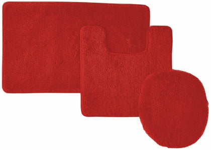Solid 3pc Red Bathroom Rug Set - 2 high Pile bathmats, 1 Toilet seat Cover