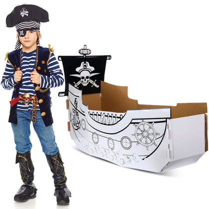 Coloring Pirate Boat Playhouse DIY Cardboard House for Kids Fun Halloween Crafts Large Decorate Kids Outdoor Playhouse for Boys Girls Toddlers Gift Indoor Outdoor Storage Folds Easily