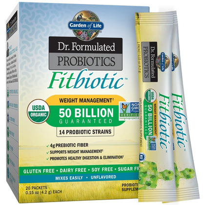 Garden of Life Dr. Formulated Probiotics Fitbiotic Weight Management Powder 50 Billion CFU & Fiber, Organic & Non-GMO Digestive Gut Health Supplement, 3 Oz, Pack of 20