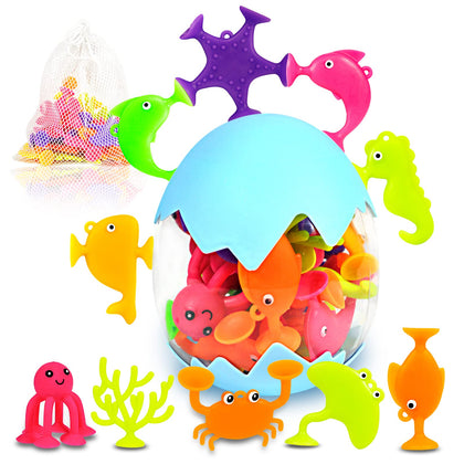 Suction Bath Toys for Kids, 18 Pcs Silicone Ocean Animal Suction Cup Toys with Eggshell & Bag, No Hole Mold Free Bath Toy, Sensory Window Building Toys for Toddlers Boys Girls 3 4 5 6 Year Old