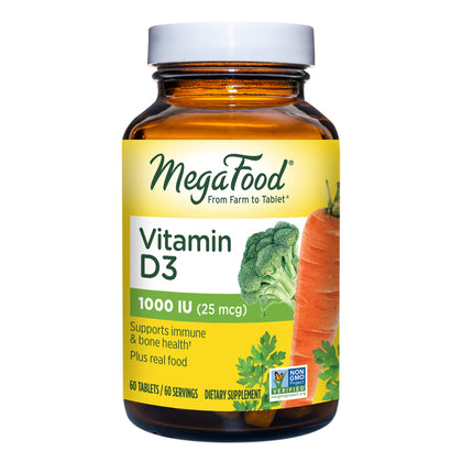 MegaFood Vitamin D3 1000 IU (25 mcg) - Immune Support Supplement - Bone Health - With easily-absorbed Vitamin D3 - Plus real food - Non-GMO, Vegetarian - Made Without 9 Food Allergens - 60 Tabs