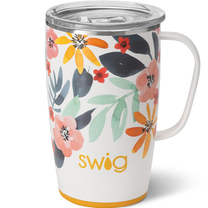 Swig 18oz Travel Mug, Insulated Tumbler with Handle and Lid, Cup Holder Friendly, Dishwasher Safe, Stainless Steel Insulated Coffee Mug with Lid and Handle (Honey Meadow)