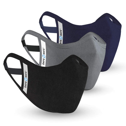 Case-Mate Safe+Mate x Cloth Face Mask - Washable & Reusable - Adult S/M - Cotton - Includes Filter - 3 Pack - Black/Navy/Gray