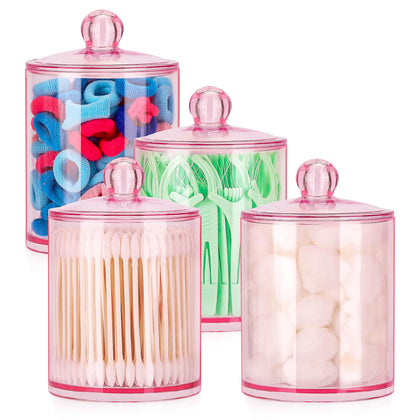Tbestmax 12oz Qtips Holder Bathroom Container, 4 Pack Apothecary Jars with Lids, Pink Cotton Ball/Swabs Dispenser Organizer for Storage