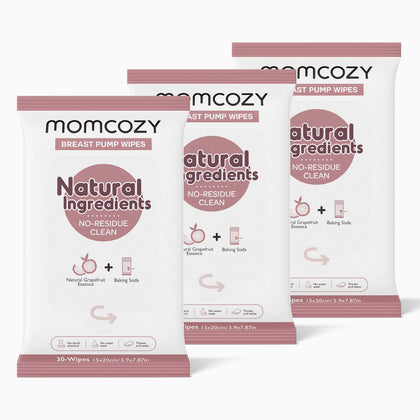 Momcozy Natural Breast Pump Wipes 30 Count (Pack of 3) for Parts Cleaning, Fast & Convenient Travel, No Milk Residue Water Wash