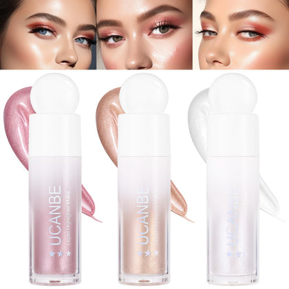UCANBEMAKEUP 3-Pack Liquid Face Highlighter Makeup Set - Multifunctional Luminous Glow, Natural Radiance Sparkly Glitter Body Shimmer Liquid Luminizer Sticks - Suitable for Face, Eyes, Lips, and More