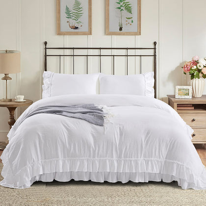 HIG 3 Piece Chic King Ruffle Duvet Cover Off - Handmade Rustic Ruffle - 100 Pre-Washed Microfiber Bedding Natural Wrinkle & Breathable Zipper Closure & Corner Ties (Hans), Hans-Off White