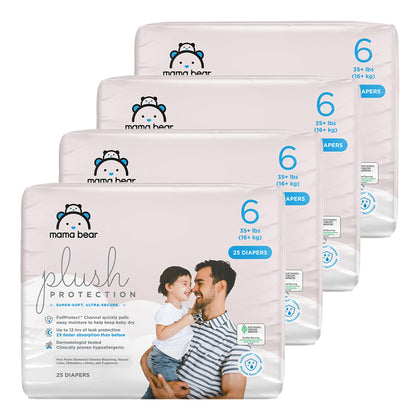 Amazon Brand - Mama Bear Plush Protection Diapers, Hypoallergenic, Size 6, 100 Count (4 Packs of 25), White and Cloud Dreams