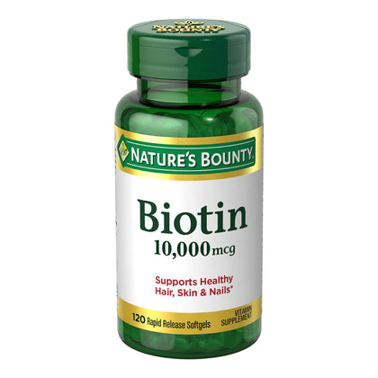 Nature's Bounty Biotin, Supports Healthy Hair, Skin and Nails, 10,000 mcg, Rapid Release Softgels, 120 Ct