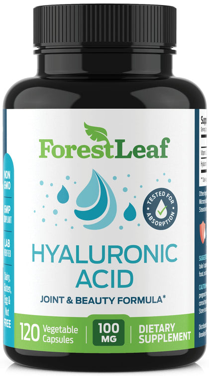 ForestLeaf - Hyaluronic Acid Supplements - 120 Vegetable Capsules - 100mg Dietary Hyaluronic Acid + 50mg Vitamin C Joint & Anti Aging Beauty Formula - Supports Skin Hydration, Joints, Bones & Hair