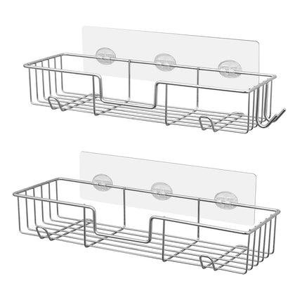 AmazerBath Adhesive Shower Caddy Basket Rack with Hooks, Shower Shelf Wall Mounted, No Drilling Shower Organizer for Bathroom, Rustproof Stainless Steel, 2 Pack, Chrome