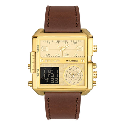 LSB LAOSIBIN Stylish Business Men's Watch, Square Large Face LED Analogue Quartz, Alarm, Chronograph, Stopwatch, 3 Time Zone Analogue Display Watch (Gold+Brown)