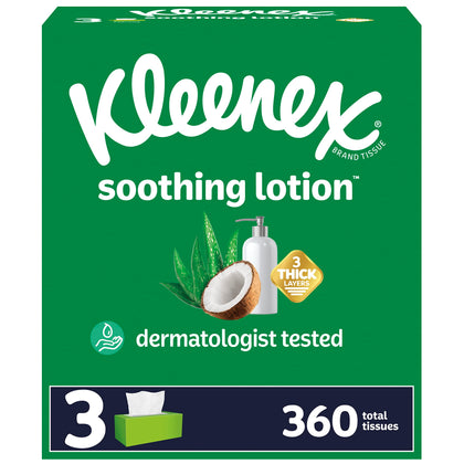 Kleenex Soothing Lotion Facial Tissues with Coconut Oil, 3 Flat Boxes, 120 Tissues per Box, 3-Ply (360 Total Tissues), Packaging May Vary
