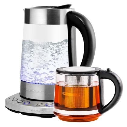 OVENTE Glass Electric Kettle Hot Water Boiler 1.7 Liter ProntoFill Tech Portable Kettle w/ Set Temperature Control, 1500W Keep Warm BPA Free w/ Stainless Steel Base - KG733S + Glass Tea Pot Infuser