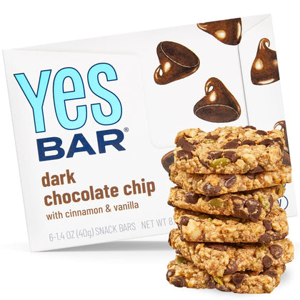 The YES Bar - Dark Chocolate Chip - Plant Based Protein, Decadent Snack Bar - Vegan, Paleo, Gluten Free, Dairy Free, Low Sugar, Healthy Snack, Breakfast, Low Carb, Keto Friendly (Pack of 6)