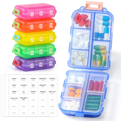 [6 Pack] Small Travel Pill Organizer for Purse, Pocket, Bag - 10 Compartments Pill Holder Box, Handy Medicine Container - Portable Mini Pharmacy for Weekly Daily Travel -BPA FREE Vitamin Fish Oil Case