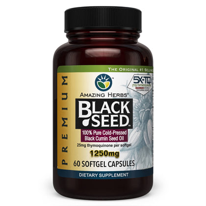 Amazing Herbs Premium Black Seed Oil Capsules - 1250mg per Capsule, High Potency, Cold Pressed Nigella Sativa Aids in Digestive Health, Immune Support & Brain Function - 60 Count, 1250mg