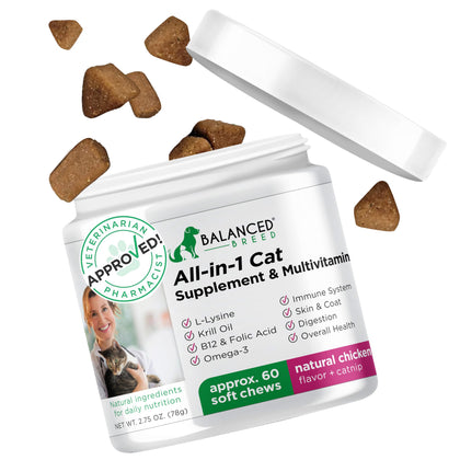 Balanced Breed Veterinarian Pharmacist Approved L-Lysine Cats Supplements Vitamins Natural Healthy Cat Treat Omega 3 Cats Daily Soft Chews Senior Adult Lysine Cat Treats Healthy Cat Lysine Made in USA