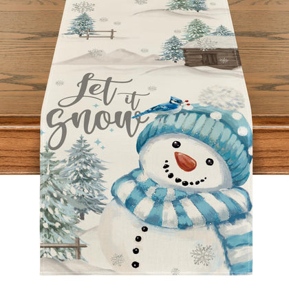 Artoid Mode Xmas Trees Let It Snow Blue Snowman Christmas Table Runner, Seasonal Winter Holiday Kitchen Dining Table Decoration for Home Party Decor 13x72 Inch