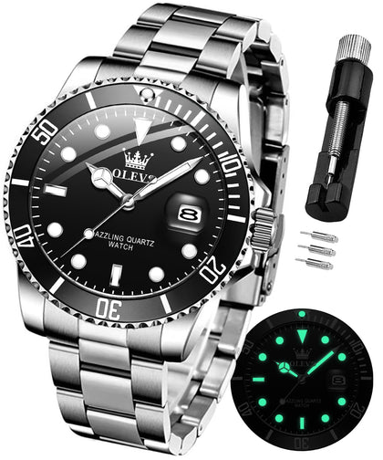 OLEVS Luxury Stainless Steel Watch with Date, Black and Silver,Dress Watches Waterproof,Business Large Face Quartz Watch,Mens Fashion Watch relojes de Hombre