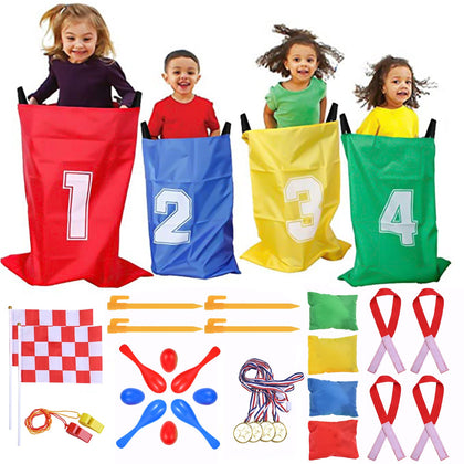 GOLDGE Outdoor Games for Kids 5-10, Potato Sack Race Bags, Bean Bag Toss Game, 3 Legged Race Bands, Egg and Spoon Race Game, Yard games, Carnival Games for Kids Party, Camping Games