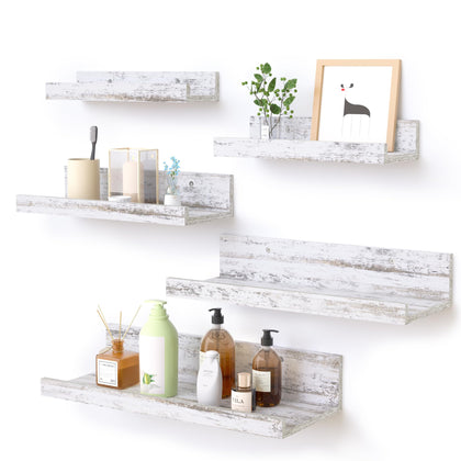 Upsimples Home Floating Shelves for Wall Decor Storage, Wall Shelves Set of 5, Wall Mounted Wood Shelves for Bathroom,Living Room, Bedroom, Kitchen, Small Picture Ledge Shelves, Rustic White