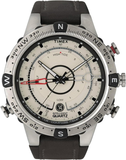 Timex Men's T2N721 Intelligent Quartz Compass Tide Temperature Silver Case Brown Strap Watch