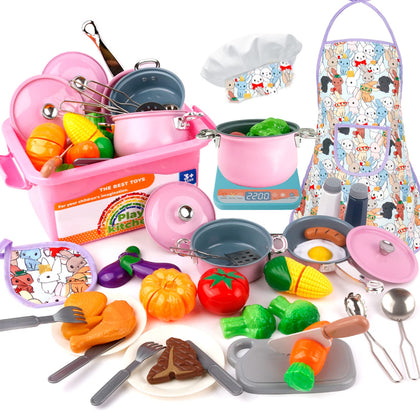 Kids Kitchen Toy Accessories, Christmas Birthday Gifts Toys for Age 3 4 5 6-8 Years, Toddlers Play Kitchen Accessories Set Toys for Girls Boys, Cooking Playset with Stainless Steel Play Pots and Pans
