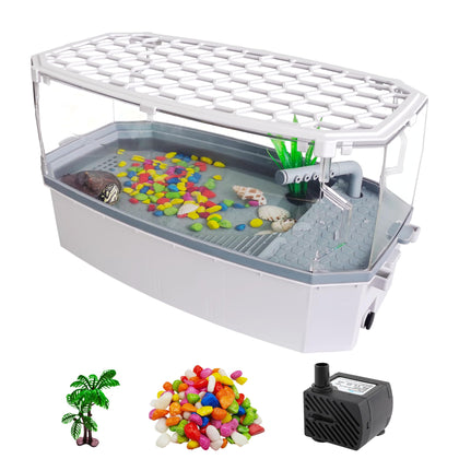 VERABE Small Turtle Tank with Lid, Acrylic Turtle Aquarium with Water Pump, Full View Visually Reptile Turtle Habitat, Easy to Clean and Change Water, Multi Functional Area, Small, White