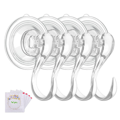 VIS'V Suction Cup Hooks, Small Clear Heavy Duty Vacuum Suction Hooks with Wipes Shower Suction Cup Hangers Removable Reusable Window Glass Door Suction Holder for Bathroom Kitchen Decor - 4 Pcs