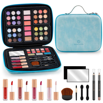 Color Nymph Beginner Makeup Kits For Teens With Reusable Handbag included 36 Colors Eyeshadow Blushes Bronzer Highlighter 4 Colors Lipgloss 10 Colors Lip Oil Brushes Mirror(Blue)