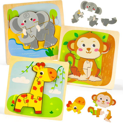 TOY Life Wooden Animal Puzzles for Toddlers 1-3, 3 Pack Baby Puzzle for Kid Age 1-3, Montessori Toys for 1 2 3+ Year Old, STEM Educational Learning Toy for 1 2 3+Year Old Boys Girls
