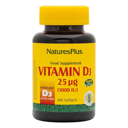 NaturesPlus Vitamin D3 (Cholecalciferol) - 1000 iu, 180 Softgels - Nutritional Support for Healthy Bones & Immune System Support - Bioavailable Active Form - Gluten-Free - 180 Servings
