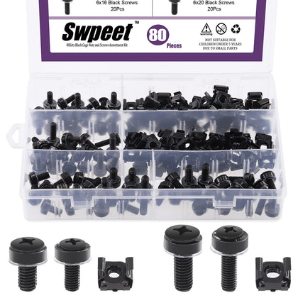 Swpeet 80Packs 4 Sizes M5 M6 Black Computer Mount Cage Nuts and Screws with Metal & Plastic Washers Assortment Kit, Square Hole Hardware Cage Nuts & Mounting Screws Washers