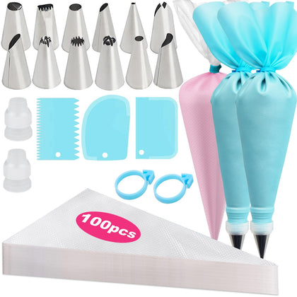 Piping Bags and Tips Set, 2 x 12 Inch Reusable Piping Bags, 100 Disposable Pastry Bags, 2 Couplers, 12 Frosting Tips, 2 Bag Ties & 3 Cake Scrapers - Complete Cake Icing Kit