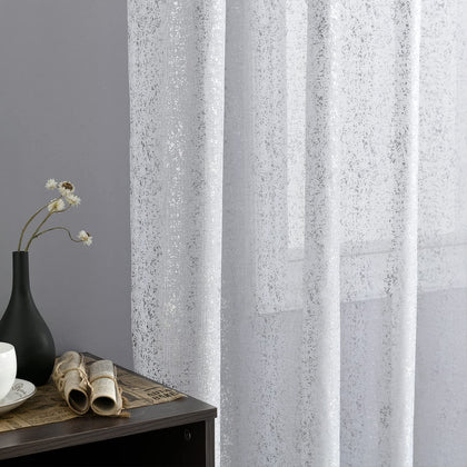 CYOIDAI White Silver Sheer Curtains 84 Inch Length - Metallic Silver Sparkle Curtains for Living Room, Glam Sparkle Grommet White Sheer Curtains for Window, 52 x 84 Inch, 2 Panels, White Silver