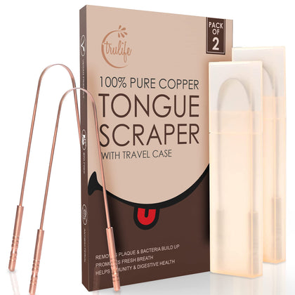 Tongue Scraper for Adults (2 Pack), Premium Copper Tongue Scraper (Travel Cases Included), Metal Tongue Cleaner for Bad Breath, Easy to Use Tongue Scraper, Tongue Scraper for Oral Care & Hygiene