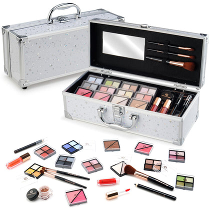 Color Nymph Beginners Makeup Kit With Train Case For Teenagers Makeup Gift Sets For Girl Included 32 Colors Eyeshadow, Glitter Cream, Blush, Highlighter, Lip Gloss and Brush (White)