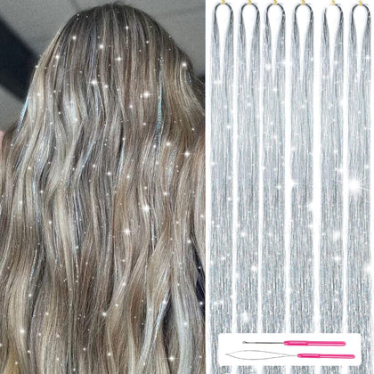 Hair Tinsel Kit With Tools 47Inch 1200 Strands Glitter Hair Extensions Sparkling Shiny Hair Tinsel Strands Kit Heat Resistant for Women Girls 6Pcs (Silver)