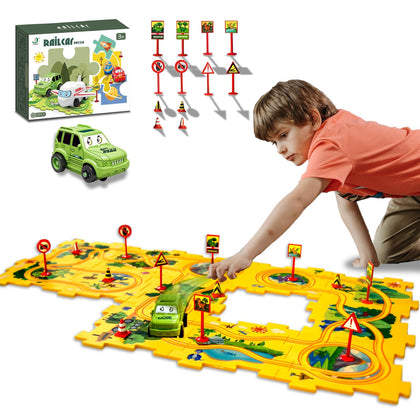 Puzzle Racer Kids Car Track Set Puzzle Racer Car Track Set with Roadmap Puzzle Track Car Play Set Toy for Kids 3-8 Years Old (25Pcs, Dinosaur)