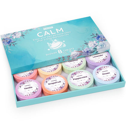 CalmNFiz Shower Steamers Aromatherapy - 8 Pack Set Shower Bombs Tablets in Gift Box with 8 Fragrances Essential Oil for Home Spa, Self-Care & Relaxation, Christmas Gifts Idea for Women and Men